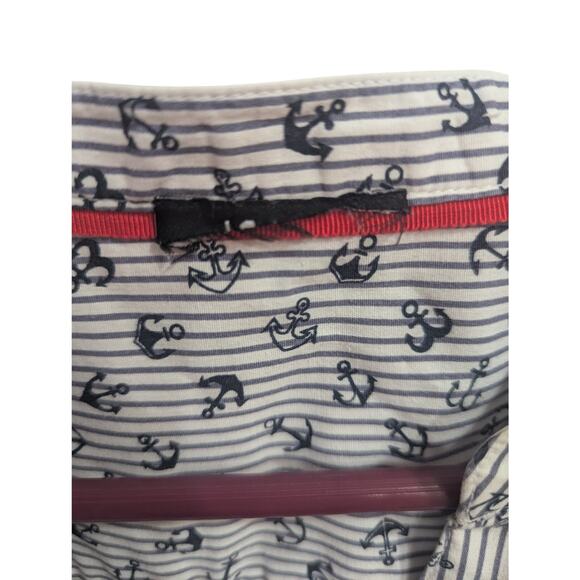 Women's vertical pinstripe w/anchor print cotton button up Henley neckline top - Picture 7 of 13